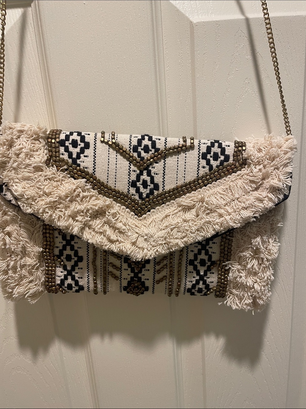 NWT Antik Kraft Cream Boho Fringe Crossbody Clutch with Black Pattern